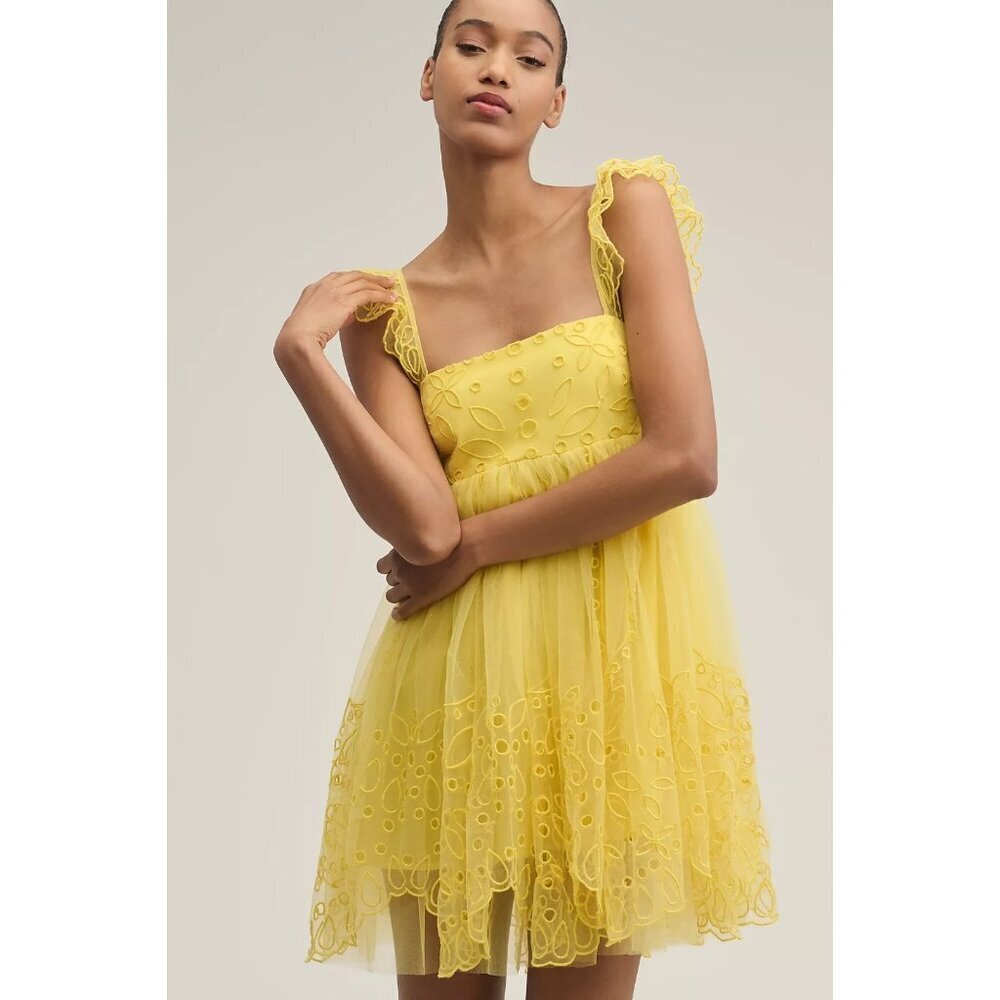 Let Me Be Eyelet Yellow Tulle Mini Dress S - Picture 2 of 4